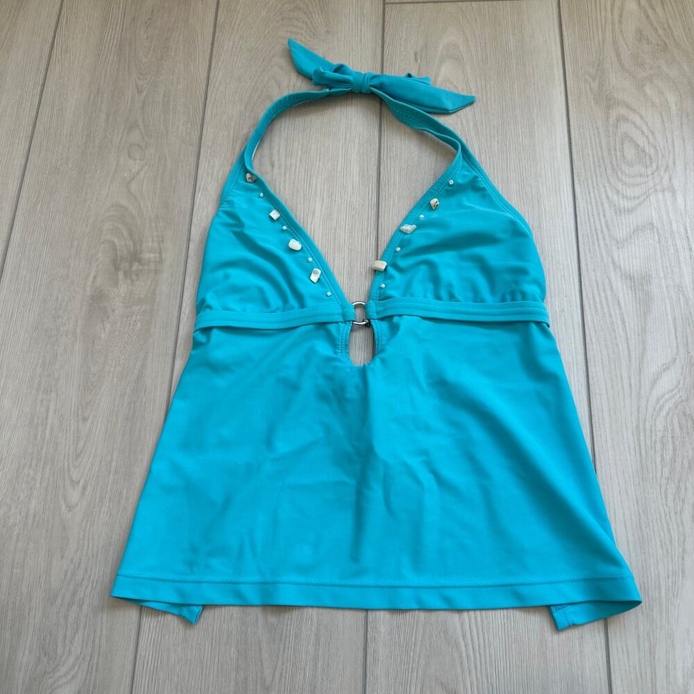 Vintage y2k 90s turquoise boho beaded o-ring halter self tie tankini swim top 10